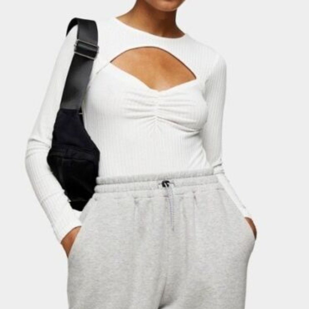 NWT Topshop White Ribbed Long Sleeve Bodysuit with Cut Out